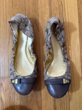 Vintage Coach Brown Signature Monogram Ballet Flats with Leather Toe